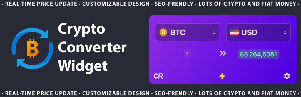 Crypto converter widget showing BTC to USD exchange rate with real-time price update