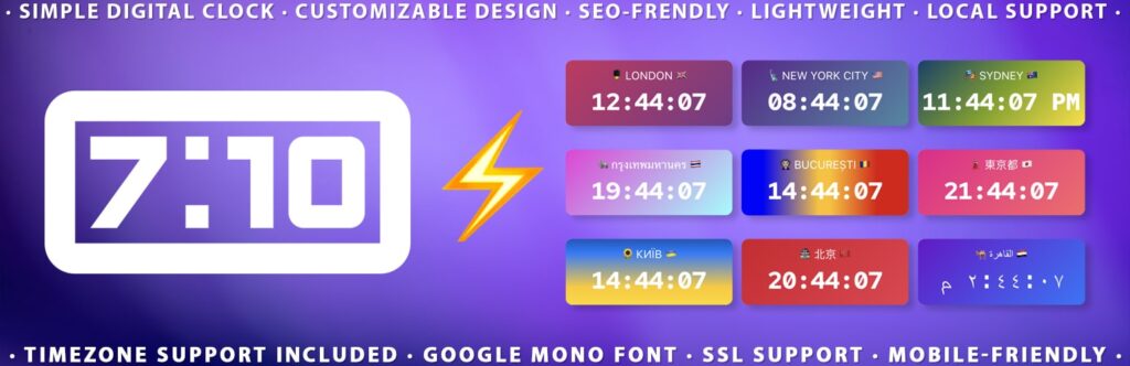 Digital clock widget displaying multiple time zones with customizable design and real-time updates