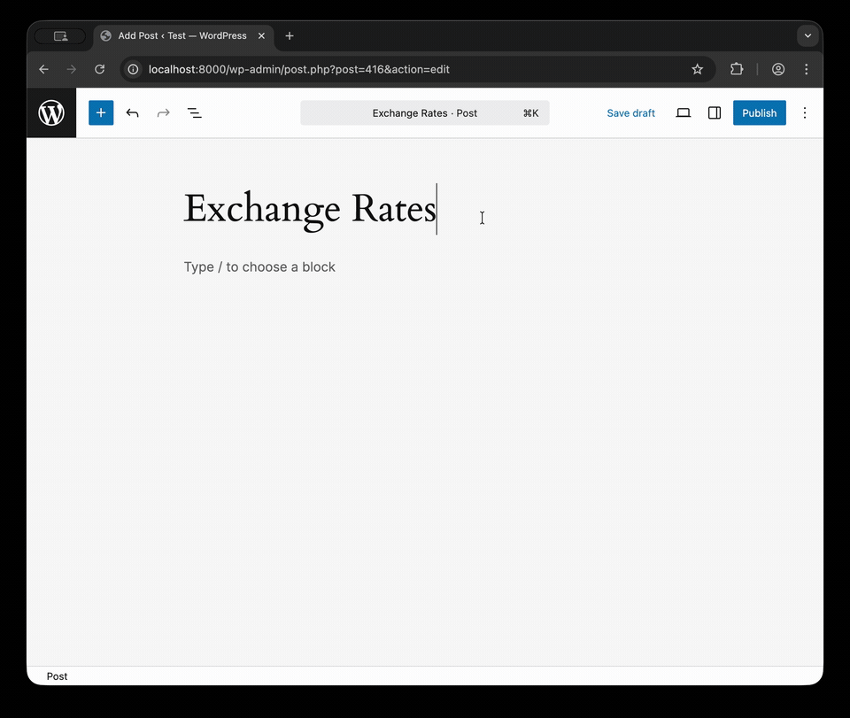 WordPress editor showing exchange rates widget with multi currency values