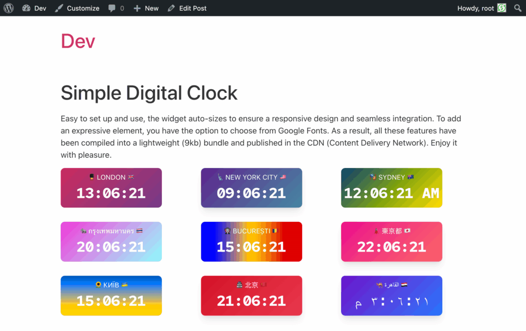 Digital clock widget showing multiple city time zones with colorful UI cards