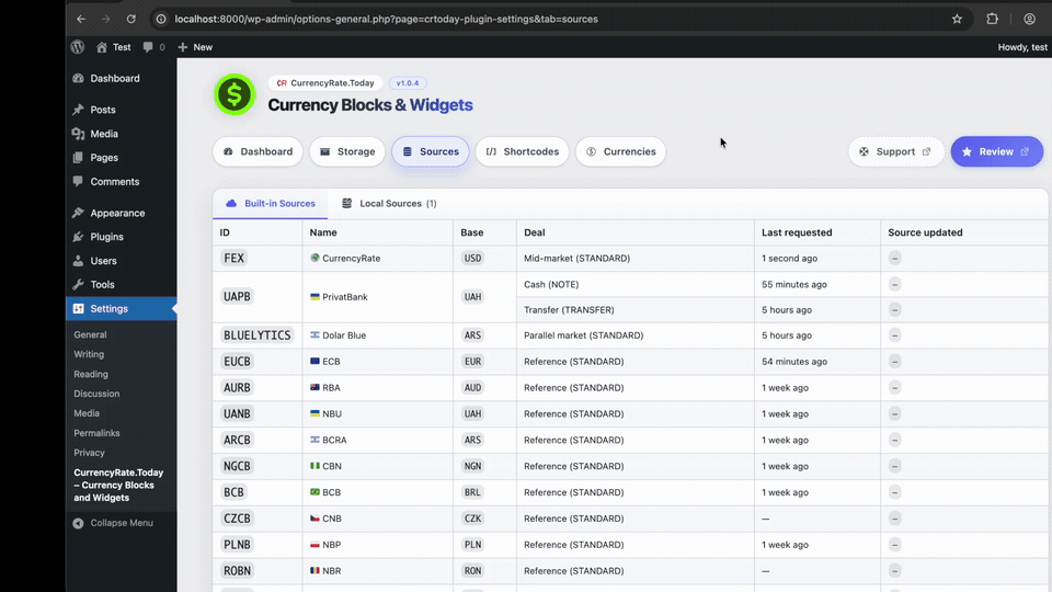 Currency exchange settings panel for adding custom rates and local data sources