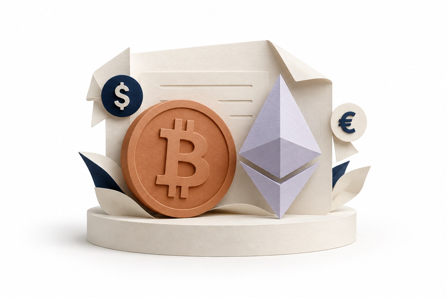 Paper sculpture with a terracotta Bitcoin coin, lavender Ethereum diamond and dollar and euro tokens beside a folded editorial card