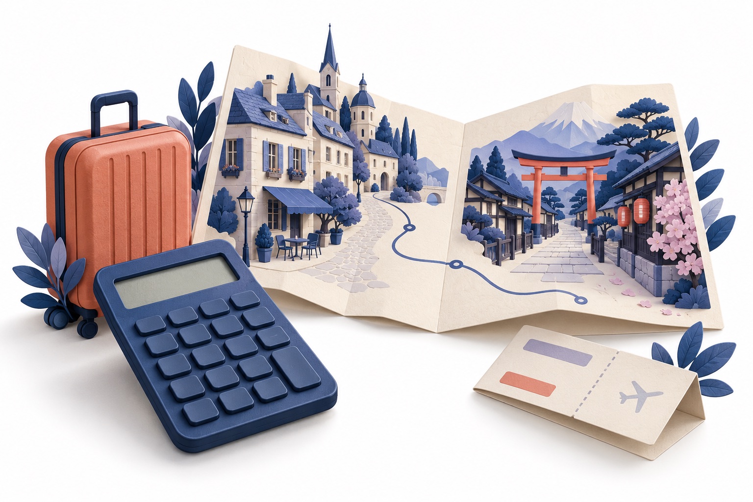 Paper illustration of a calculator and travel map connecting European and Japanese streets