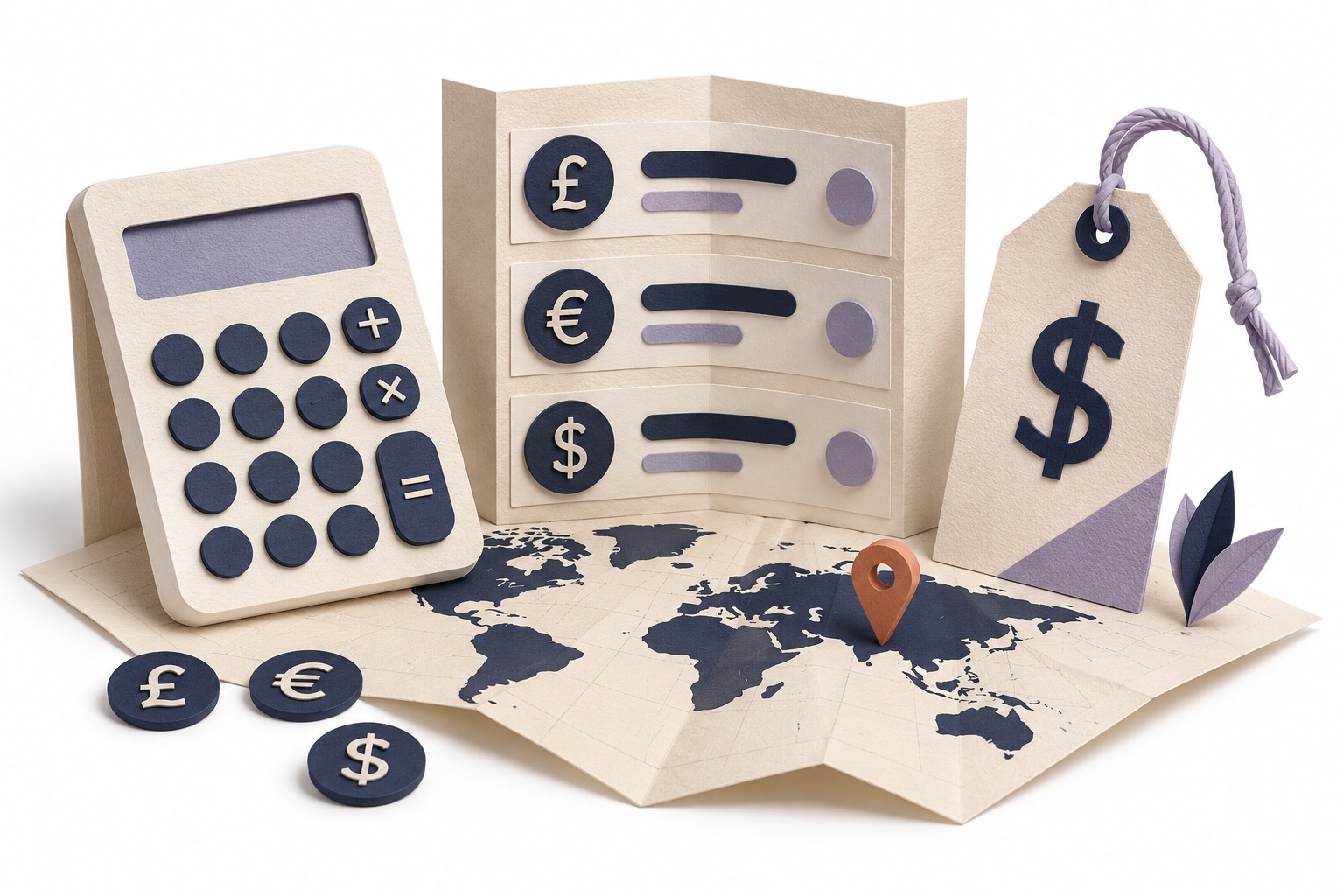 Cream paper calculator, currency comparison board and price tag arranged on a folded world map.
