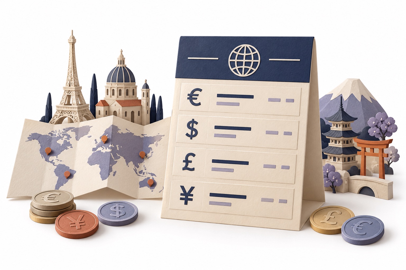 Paper sculpture of a currency comparison board, world map and miniature European and Japanese landmarks