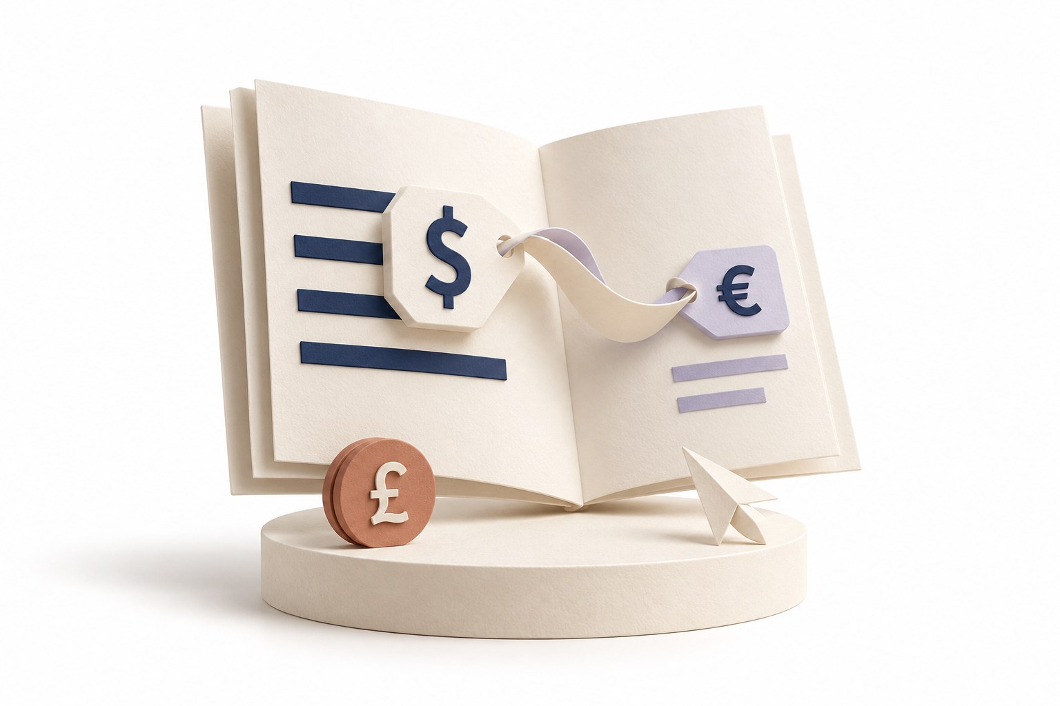 Cream paper sculpture of an open page with dollar and euro price tags joined by a ribbon, a pound token and a paper cursor