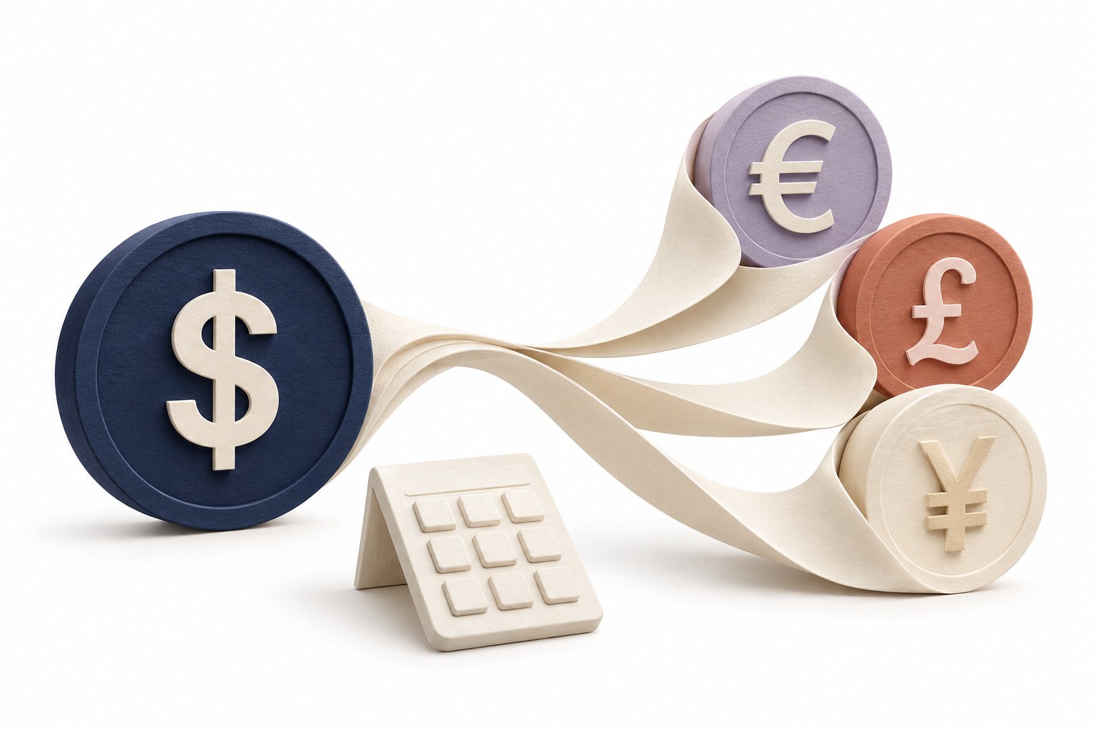 Paper sculpture connecting a dollar token to euro, pound and yen tokens with folded cream ribbons and a small paper calculator